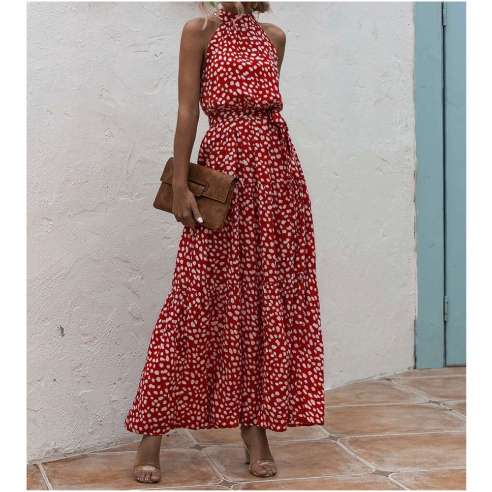 Boho Blue White Floral Print Halter Ruffle Maxi Dress - Picture 10 of 13